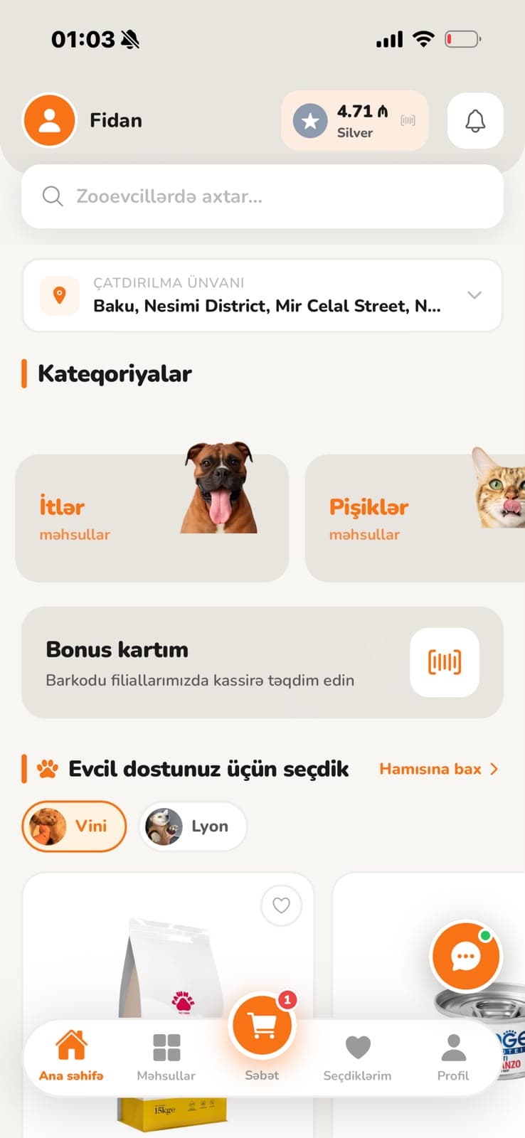 Zooevciller mobil tətbiqinin ana səhifəsi