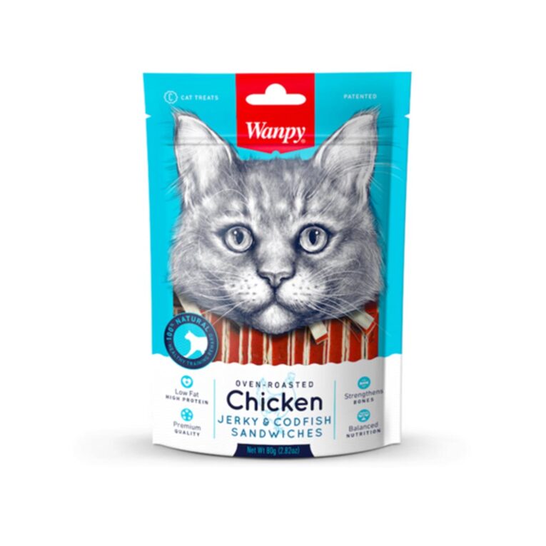 Wanpy Cat Treat Oven Roasted Chicken Jerky and Codfish Sandwich 80g-1100x1100